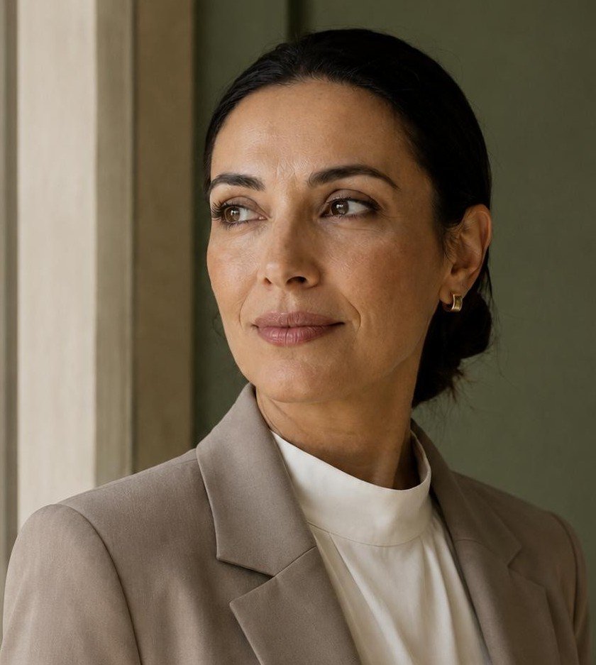 Portrait of a woman with natural, unretouched skin, looking calmly to the left